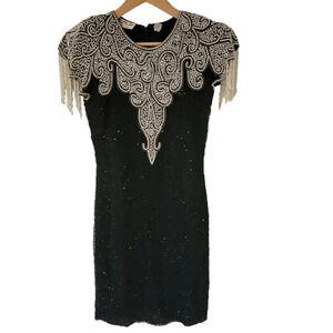 Vintage Scala 1990s Silk Beaded Sequins Evening Cocktail Dress Small